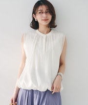 【シアー/バンドカラー】バルーンヘムノースリーブブラウス