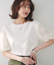 【二の腕カバー/洗える】袖シアーバルーンプルオーバー