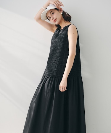 【コットン100/夏ワンピ/ナロー】シャーリングワンピース