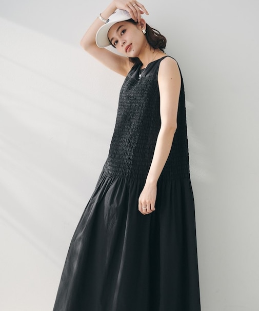 【コットン100/夏ワンピ/ナロー】シャーリングワンピース