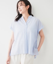 【洗える/スキッパー】フレンチスリーブシアーブラウス