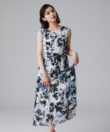 【シアー/エレガント/花柄/夏ワンピ】ペイントフラワーワンピース