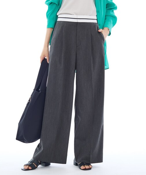 【ウール調素材】ベルトデザインワイドパンツ