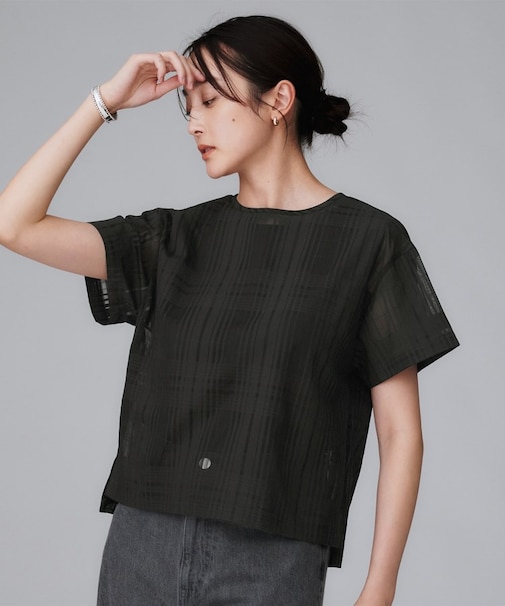 【セットアップ可/エレガント】シアーチェックTブラウス