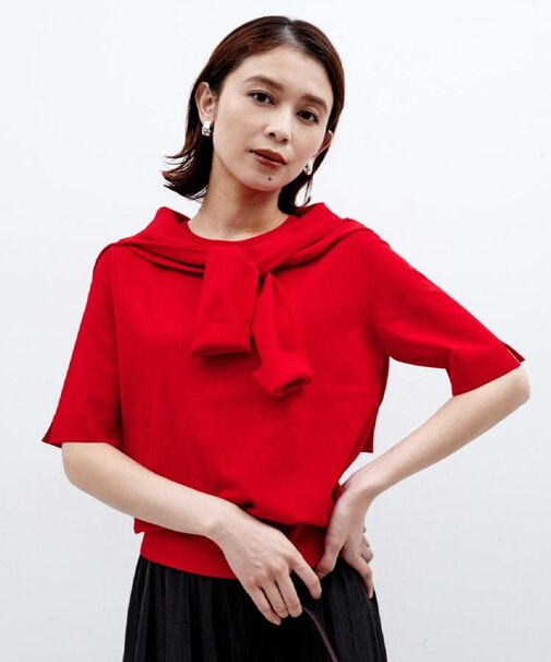 【アンサンブル可/薄手/洗える】5分袖クルーニット