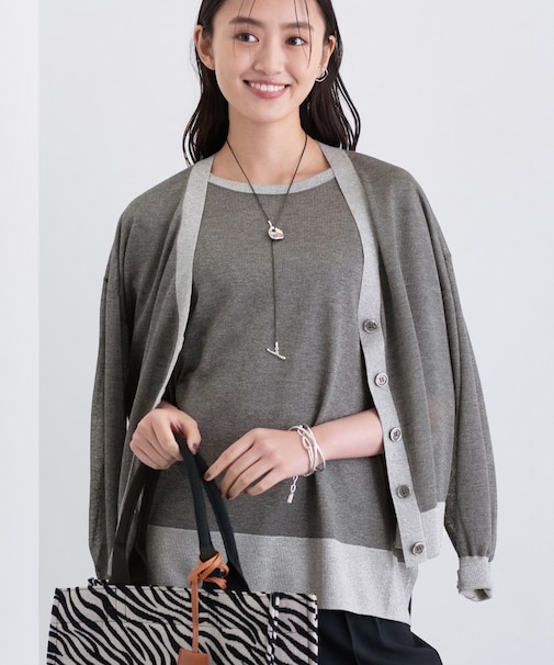 【程よいシアー素材/洗える】バイカラーラメカーディガン