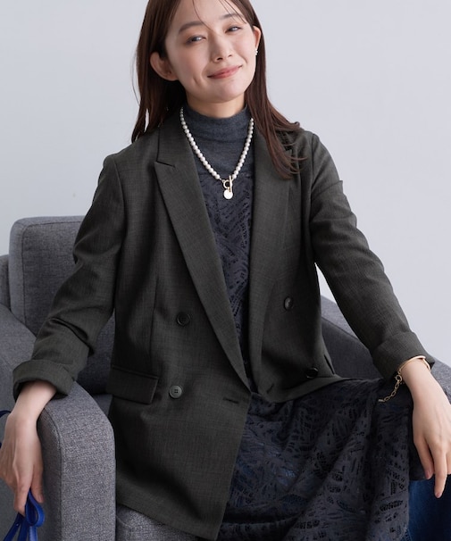 【洗える／セットアップ可能】凹凸ストレッチ素材ダブルジャケット