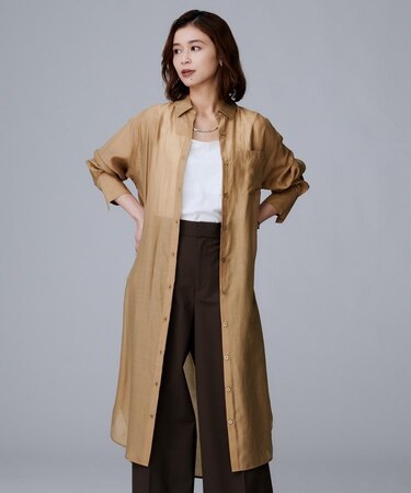 【レイヤード/重ね着/前開きボタン】シアーロングシャツ