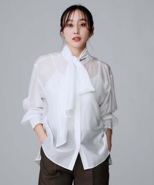 【ボウタイリボン/バンドカラー/レイヤード】2WAYシアーブラウス