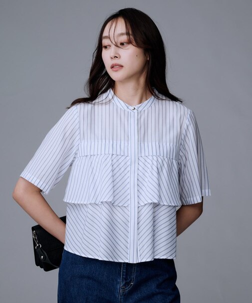 【短丈/前ボタン/五分袖】ストライプフリルシャツ