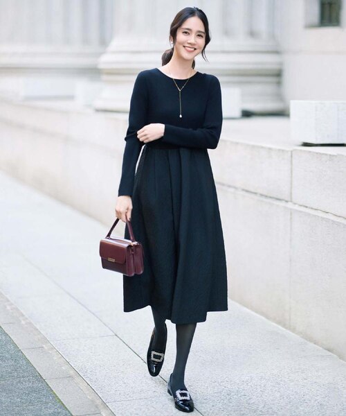 大人フェミニン/トレンド】ニット×ジャカード ドッキングワンピース