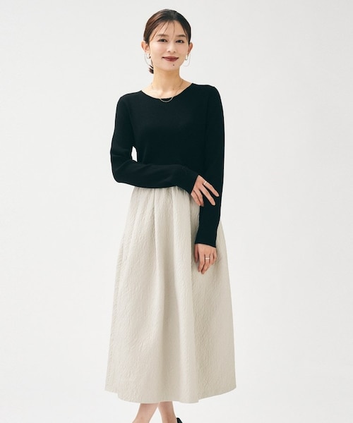 大人フェミニン/トレンド】ニット×ジャカード ドッキングワンピース