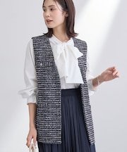 【2点セット／洗える】ツイードジレ＆ボウタイブラウス