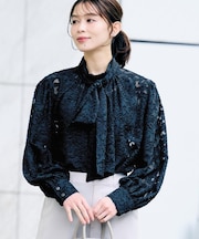 【セレモニー/洗える/シアー】カットジャカード ボウタイブラウス