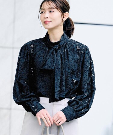 【セレモニー/洗える/シアー】カットジャカード ボウタイブラウス