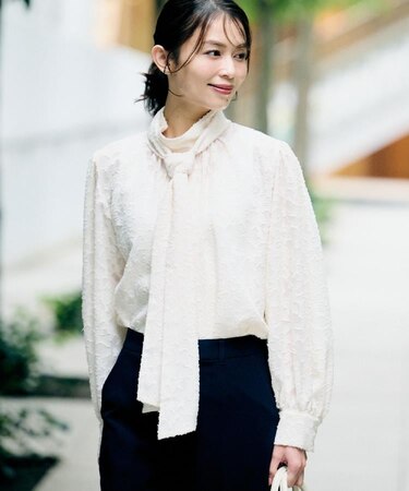 【セレモニー/洗える/シアー】カットジャカード ボウタイブラウス