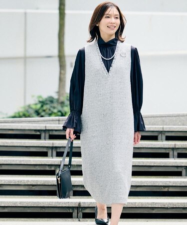 【洗えるワンピース/カジュアル/ドレッシー】ツイード ジャンパースカート