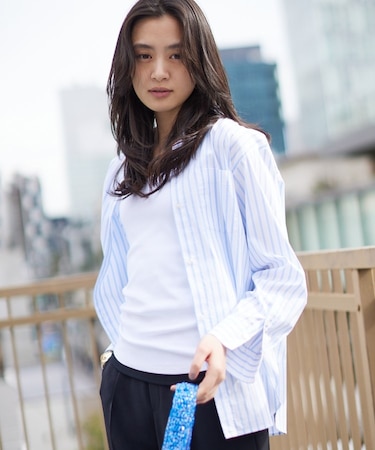 【2WAY／洗える】ラメストライプ コットン混シャツ