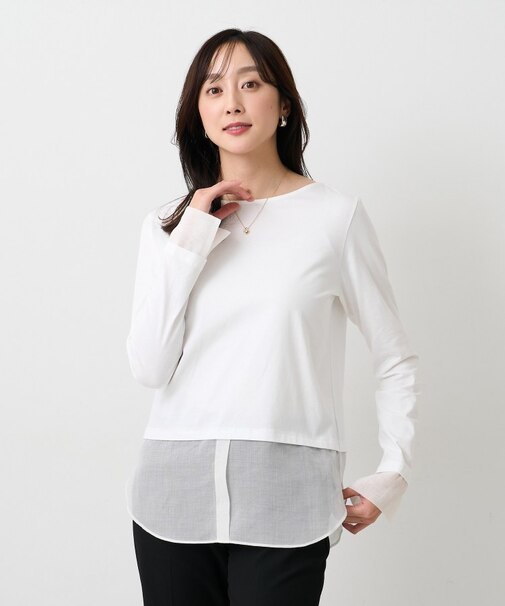 【洗える/Tシャツ】シャツディテールレイヤードプルオーバー