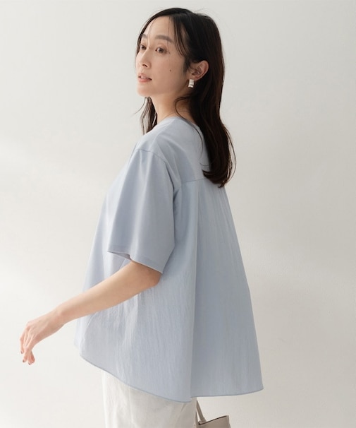 【洗える/Tシャツ】異素材ドッキングプルオーバー