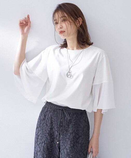 【洗える/袖シアー/Tシャツ風】袖シアープルオーバー