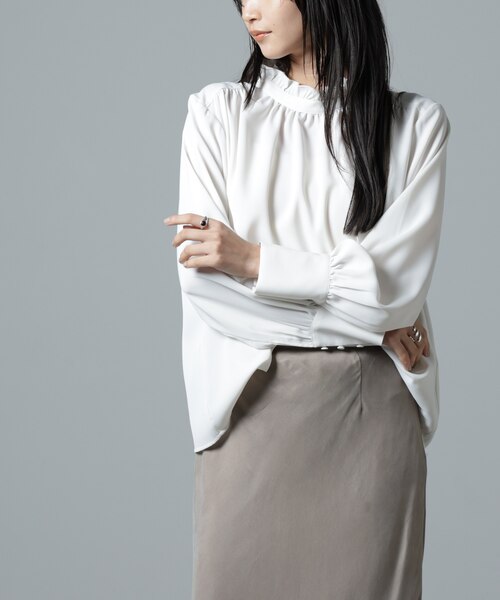 2wayスタンドカラーギャザーブラウス｜ナノ_ユニバースの