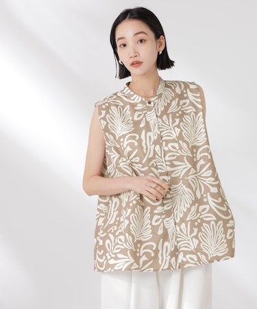 ボタニカルプリントノースリーブフレアブラウス(セットアップ可)