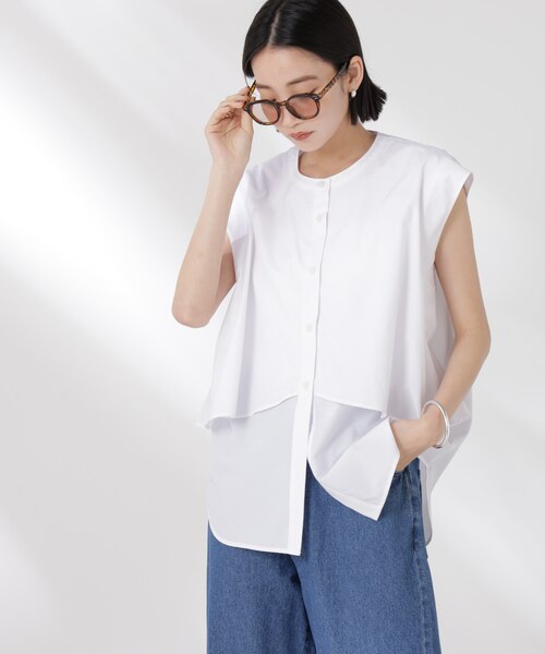 フロントフレアケープカラーノースリーブシャツ｜ナノ_ユニバースの