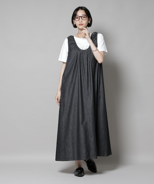 ナノユニバース 総柄 ロングワンピース ネイビー ギャザー ゆったり フレア ナノユニバース 総柄 ロングワンピース ネイビー ギャザー