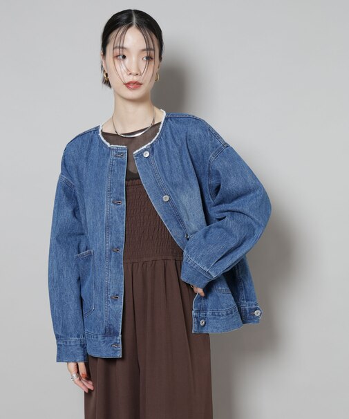 ノーカラーデニムジャケット