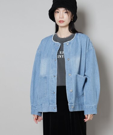 ノーカラーデニムジャケット