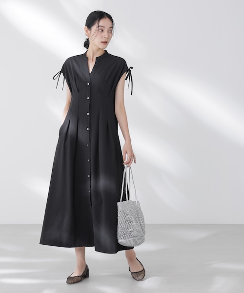 異素材切り替えギャザーサテンワンピース｜ナノ_ユニバースの