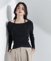 ホルターネックキャミ付きリブトップス