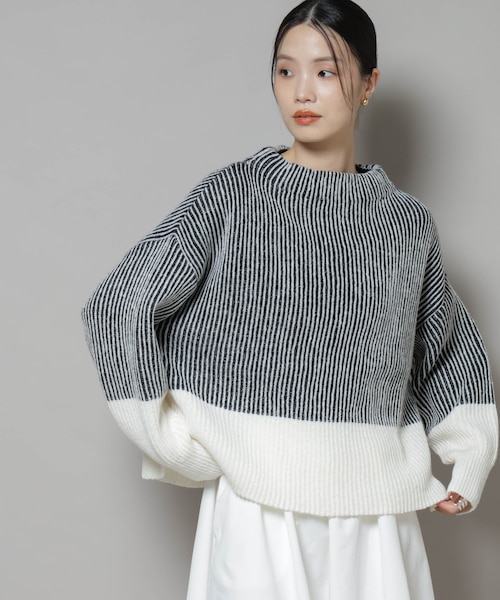 シャドーストライプニットプルオーバー｜ナノ_ユニバースの