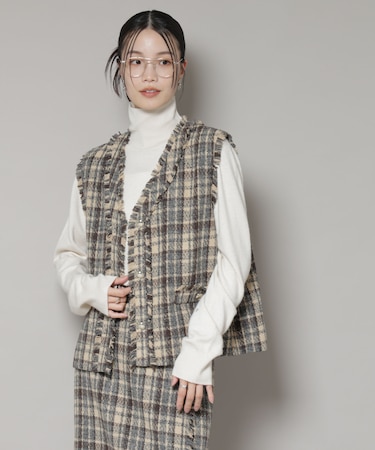 チェックフリンジ金ボタンジレ(セットアップ可)