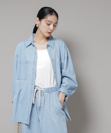 刺繍入りデニムワイドシャツ(セットアップ可)