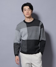 ブロックチェッククルーネックニット