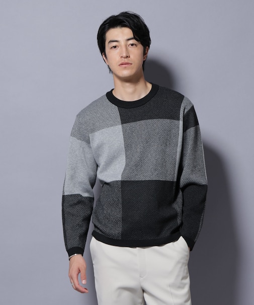 ブロックチェッククルーネックニット
