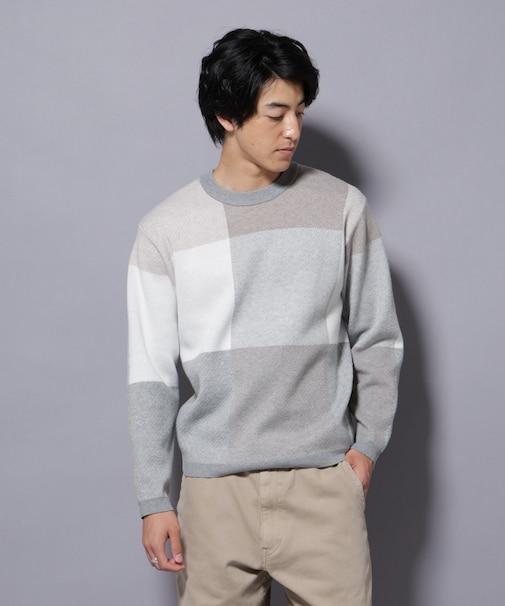 ブロックチェッククルーネックニット