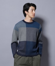 ブロックチェッククルーネックニット