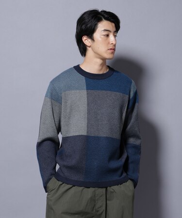 ブロックチェッククルーネックニット