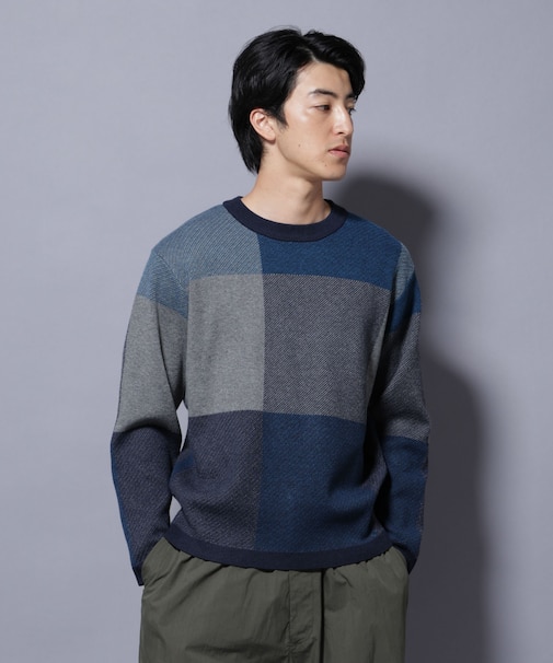 ブロックチェッククルーネックニット