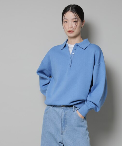 スウェットライク衿付きボタンニット