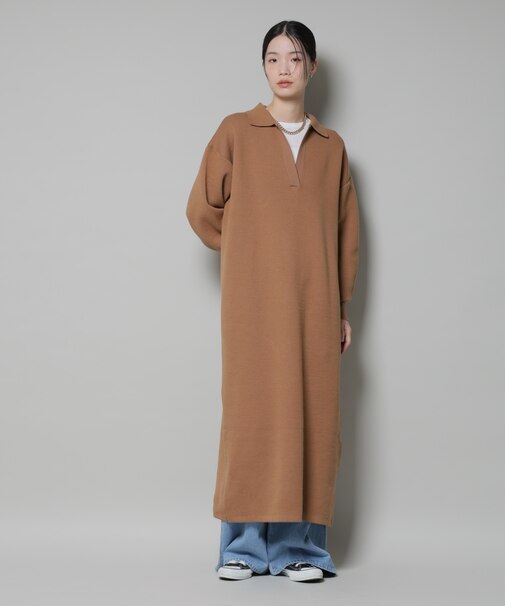 スウェットライク衿付きスキッパーニットワンピース