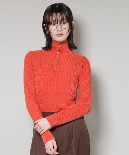 前後2wayボタンネックベロアモールニット