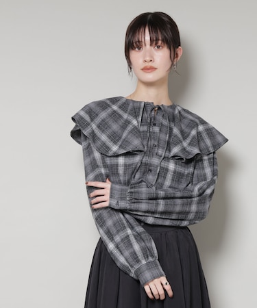 フリルカラーオンブレーチェックブラウス(セットアップ可)