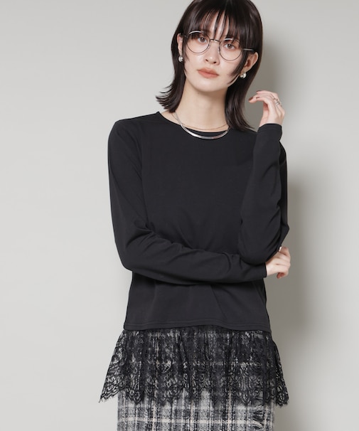 裾レースドッキングロングTシャツ