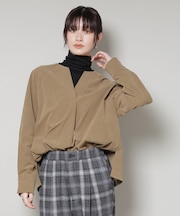 ストレッチ起毛スキッパープルオーバーブラウス(セットアップ可)