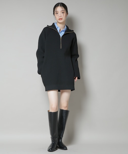 片畦ニットハーフジップミニワンピース