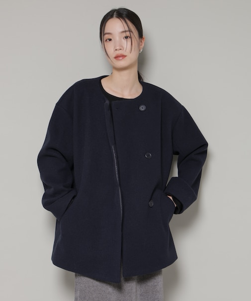 ノーカラーミドルコート